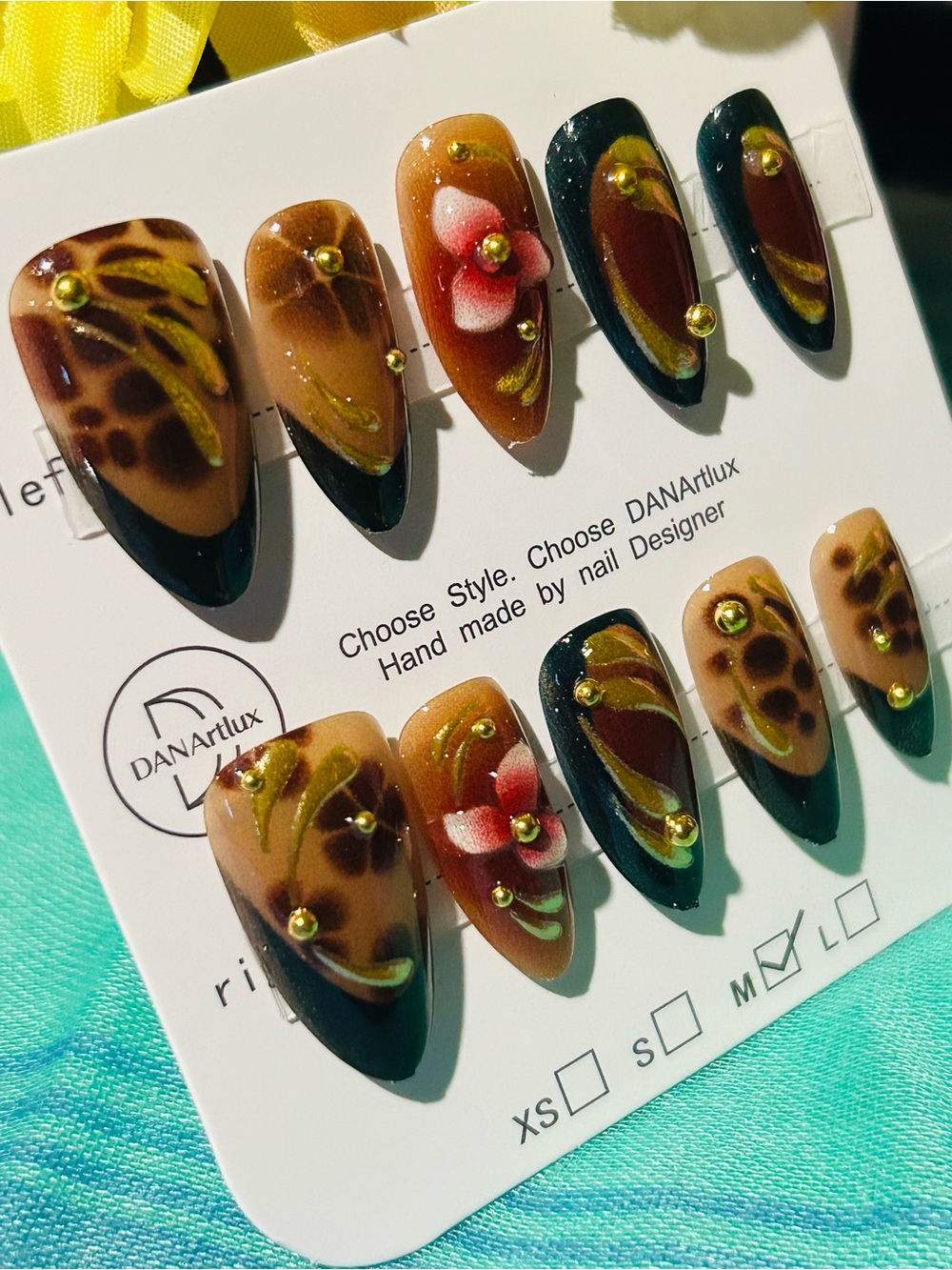 Brown & Black Floral Accent Press-On Nail Set #201